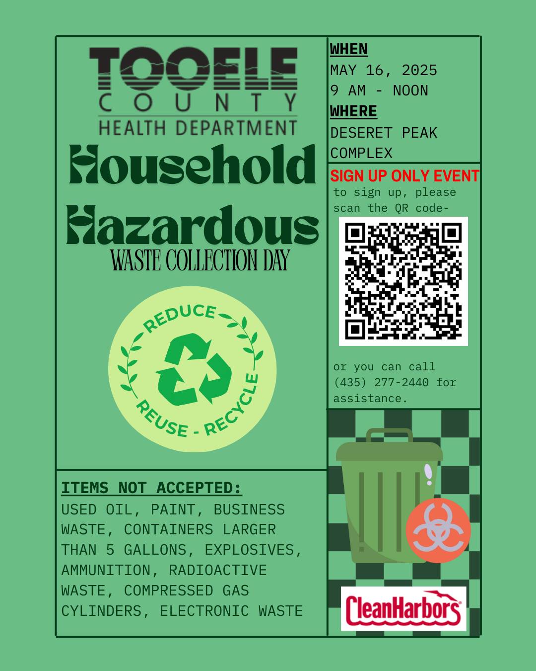 Green Flyer for Household Hazardous Waste Collection Day on May 16 at the Deseret Peak Complex.
